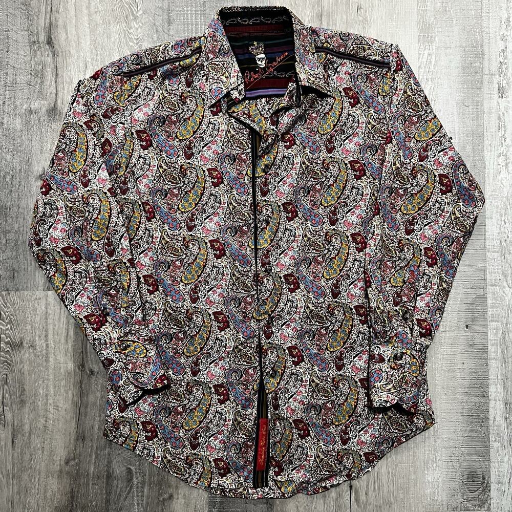 Robert Graham Colorful GLASS SKULL BUTTONS / PAISLEY Embroidered Back Sz M